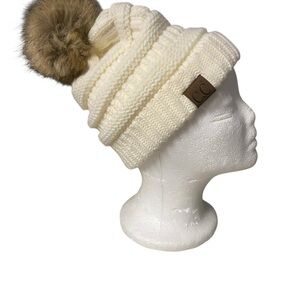 CC Exclusives WOMEN'S PRINT CABLE KNIT Cream POM POM FUR BEANIE HAT Winter Fall